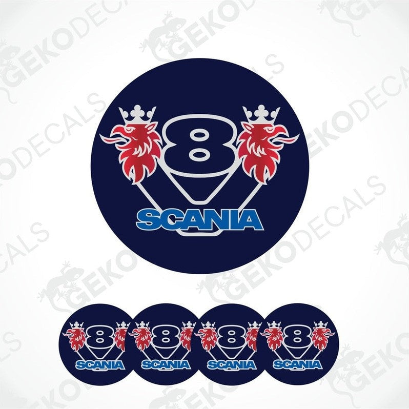 A set of four blue vinyl stickers with red and white Scania branding and the model number 8.