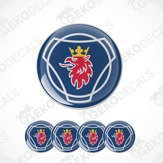 A set of vinyl decals with a polyurethane coating, featuring a red lion emblem on a blue background, indicative of the SCANIA brand logo.