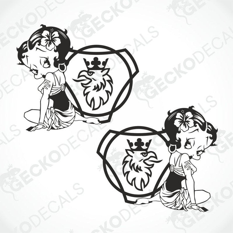 A set of two die cut decals featuring an animated character and a truck logo, intended for use on vehicles.