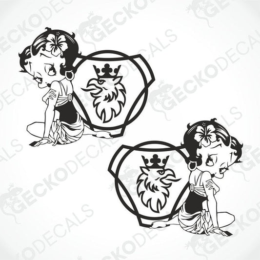 A set of two die cut decals featuring an animated character and a truck logo, intended for use on vehicles.