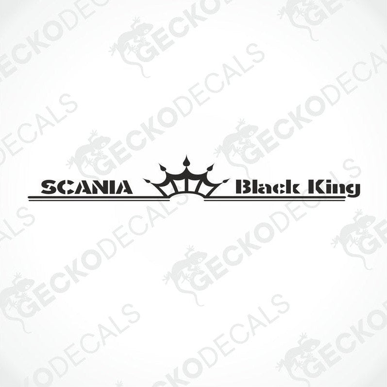 A front view of a gray Scania truck with a black king windscreen decal on the windshield.