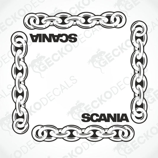 A pair of black and white chain side window decals with the brand name 'Scania' written within the chain design.
