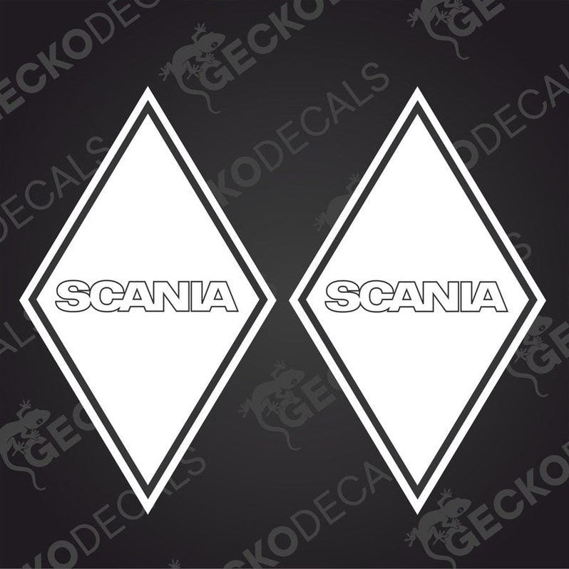 Two white diamond-shaped decals with 'SCANIA' written in black text, intended for use on vehicles.