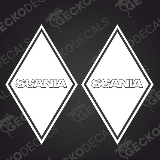Two white diamond-shaped decals with 'SCANIA' written in black text, intended for use on vehicles.