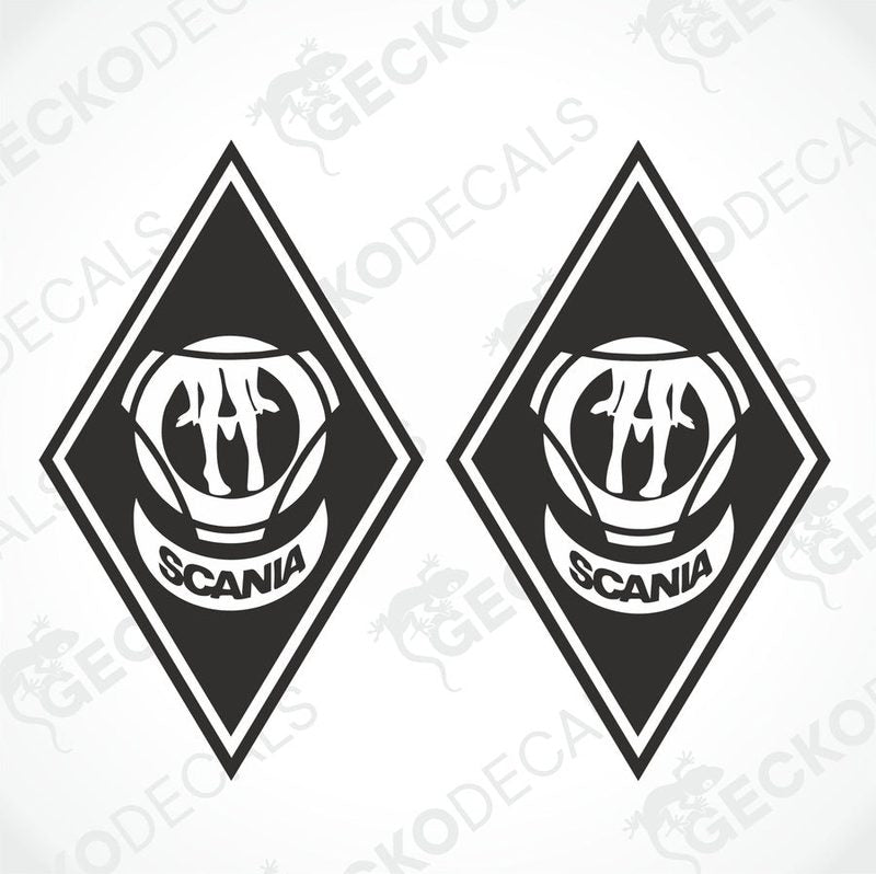 Two black and white diamond-shaped decals with the Scania logo.
