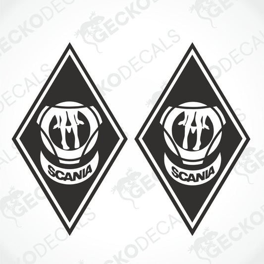 Two black and white diamond-shaped decals with the Scania logo.