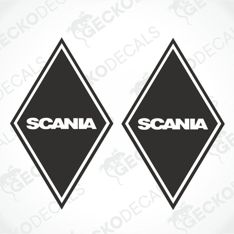 Two black and white diamond-shaped decals with the brand name 'SCANIA' written in uppercase letters