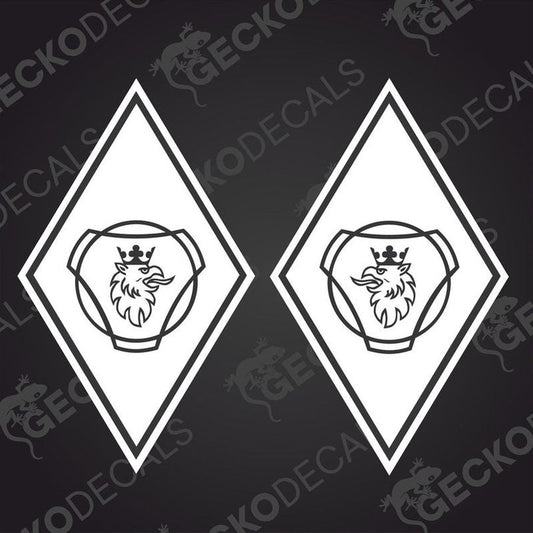 Two black and white vehicle decals with a geometric design and a heraldic emblem on each.