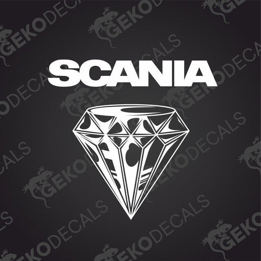 A white die cut sticker with the Scania brand logo, featuring a diamond design.