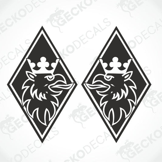 Two black and white diamond-shaped vehicle decals with a lion's face and crown