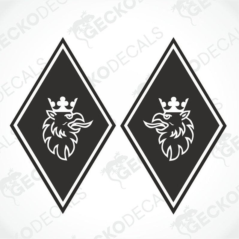 Two black and white diamond-shaped vehicle decals with a SCANIA head design
