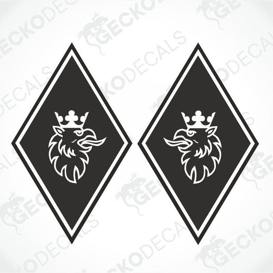 Two black and white diamond-shaped vehicle decals with a SCANIA head design