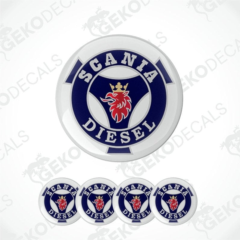 Set of four round vinyl stickers with the Scania diesel logo in white, red and blue