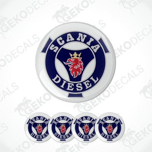 Set of four round vinyl stickers with the Scania diesel logo in white, red and blue