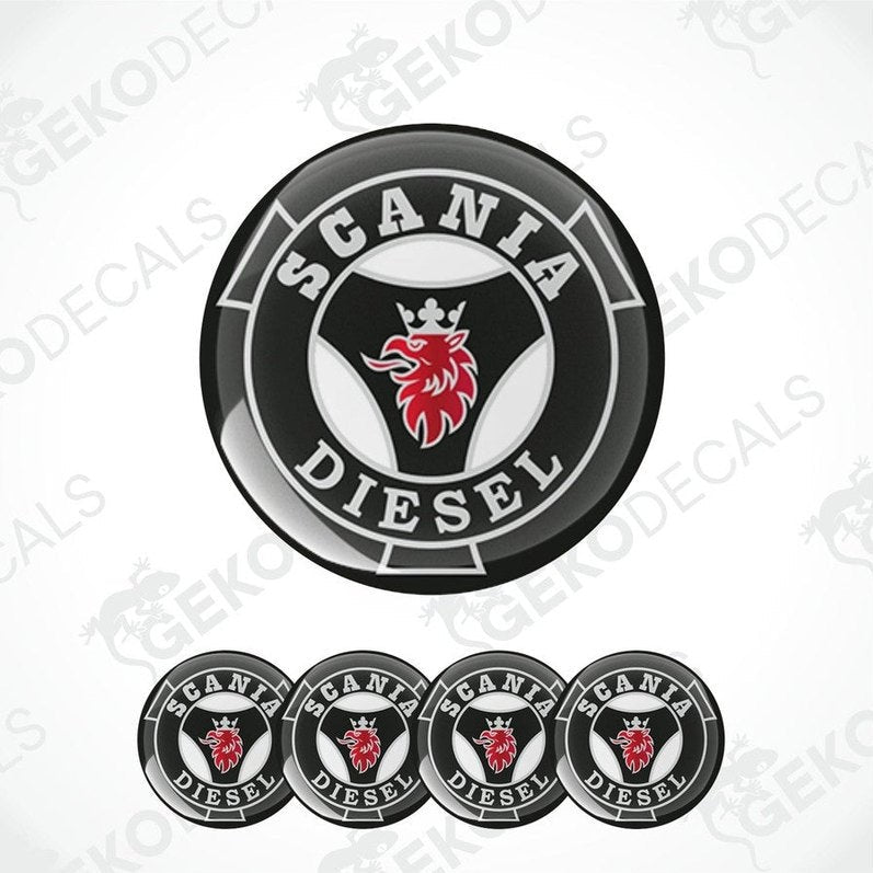 A set of four round vinyl decals with the Scania Diesel logo in black, red, and white colors.