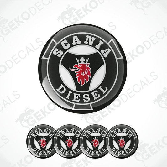 A set of four round vinyl decals with the Scania Diesel logo in black, red, and white colors.