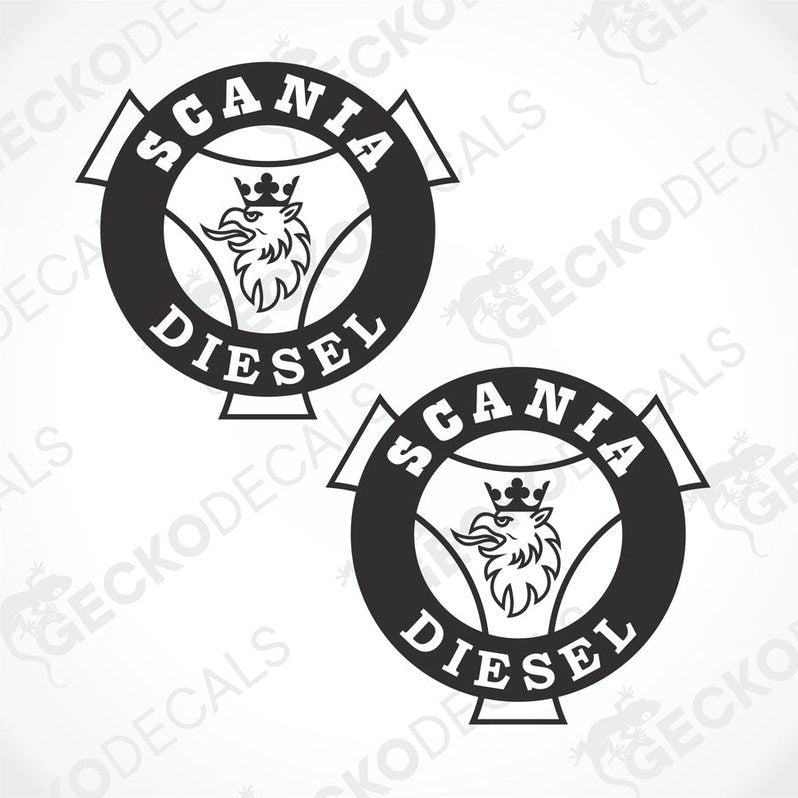 Two black and white die cut decals with the text 'SCANIA DIESEL' and a graphic of a scania truck on them, intended for use on vehicles or other surfaces.