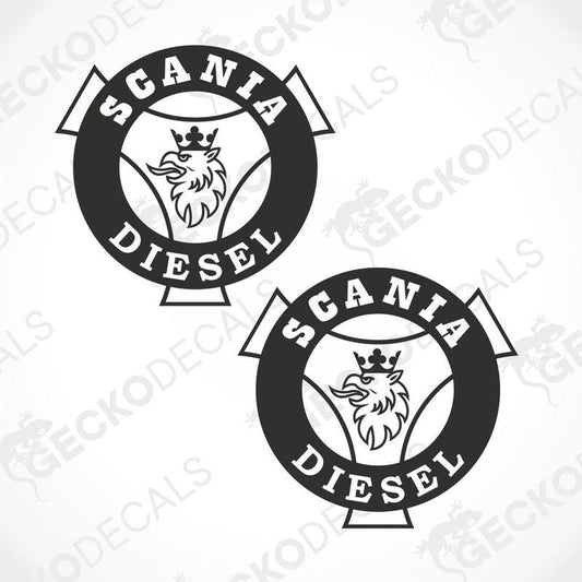 Two black and white die cut decals with the text 'SCANIA DIESEL' and a graphic of a scania truck on them, intended for use on vehicles or other surfaces.