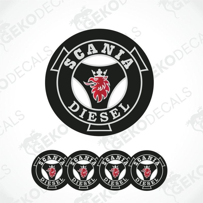 A set of four round vinyl decals with the Scania Diesel logo in black, red, and white colors.