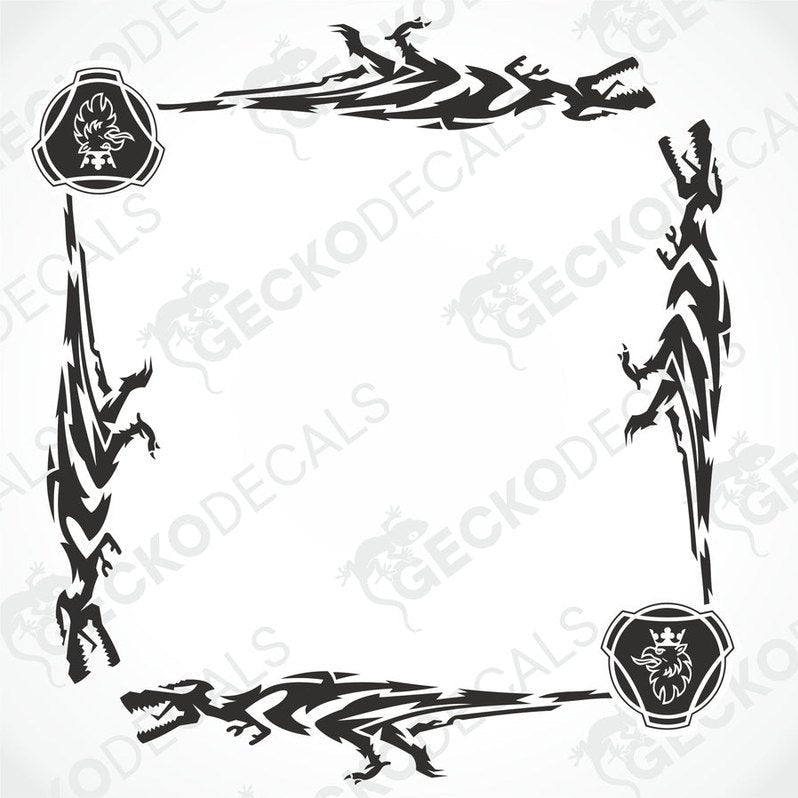A set of black dinosaur-themed side window decals for a Scania truck, including various stylized dinosaur shapes and the Scania logo.