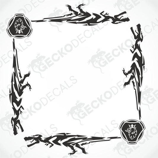 A set of black dinosaur-themed side window decals for a Scania truck, including various stylized dinosaur shapes and the Scania logo.