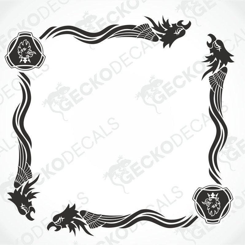 A set of two black and white geometric tribal side window decals with eagle patterns.