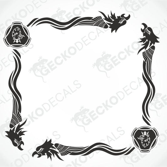 A set of two black and white geometric tribal side window decals with eagle patterns.