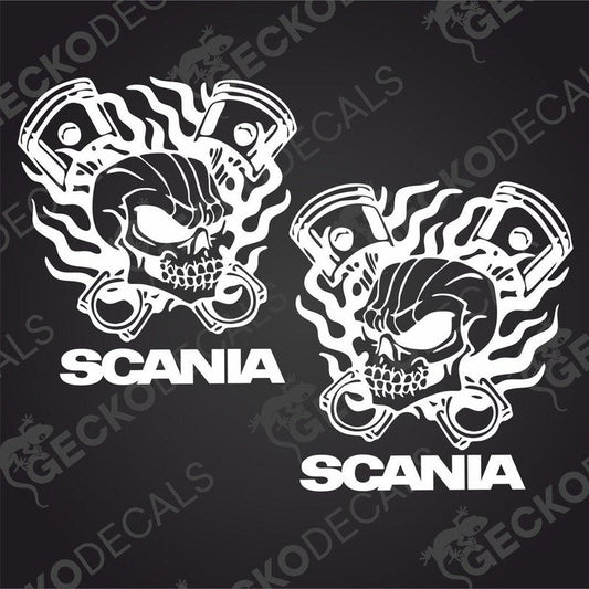 A pair of white decal stickers with the image of a skull, flames, and the text 'SCANIA', designed for use on vehicles.