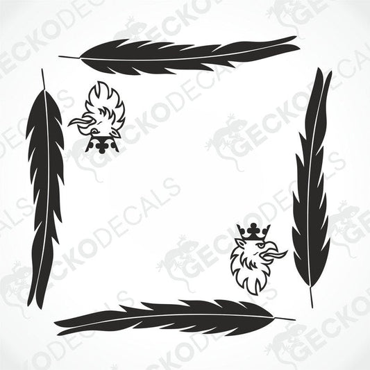 A set of black feather-shaped decals and a griffin design for side window decoration on a vehicle.