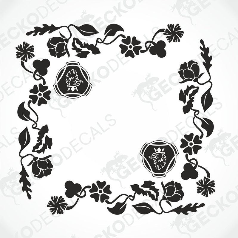 A die cut sticker with a floral pattern designed for use on side window decals for vehicles, featuring elements such as flowers and griffin motifs.