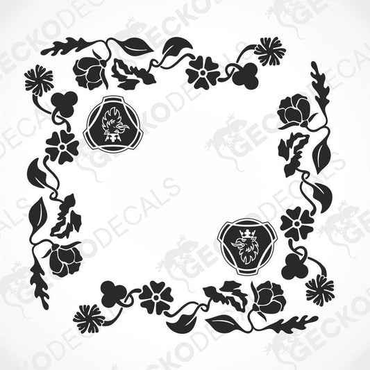 A die cut sticker with a floral pattern designed for use on side window decals for vehicles, featuring elements such as flowers and griffin motifs.