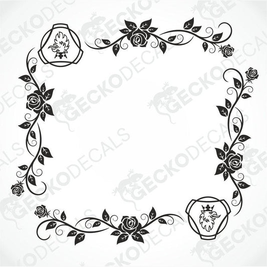 A black and white image of a floral design die cut decal intended for side window decoration, featuring roses and leaves.