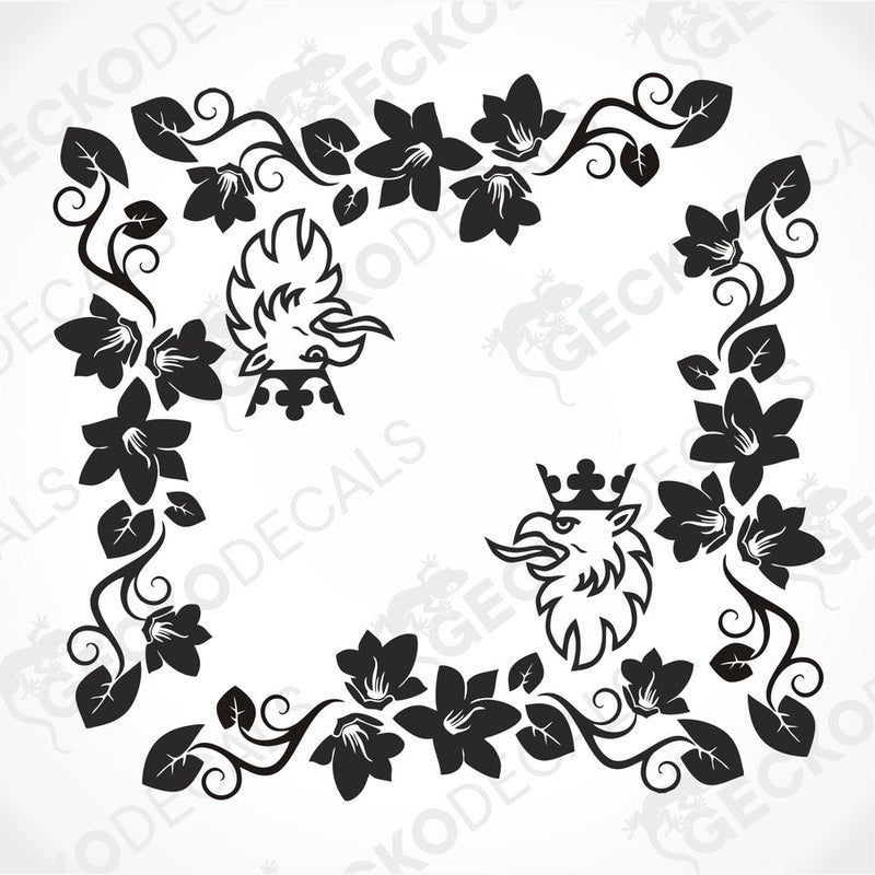 A black and white image of a floral and griffin patterned decal intended for side window decoration.