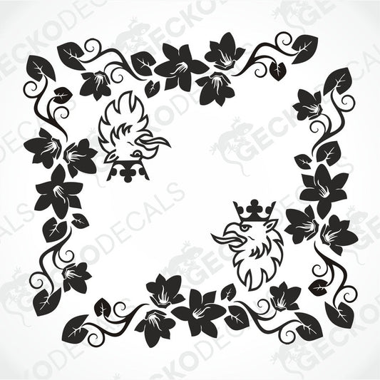 A black and white image of a floral and griffin patterned decal intended for side window decoration.