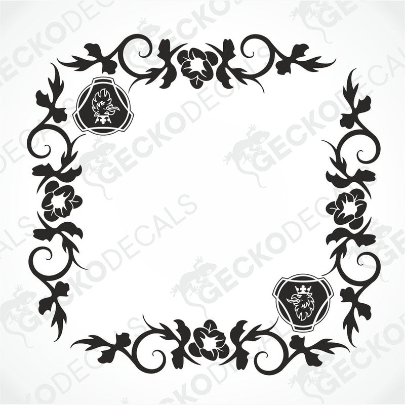 A digital image of a floral patterned decal for side window decoration, featuring intricate black floral designs and a griffin motif.