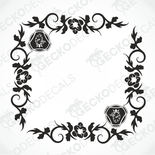 A digital image of a floral patterned decal for side window decoration, featuring intricate black floral designs and a griffin motif.