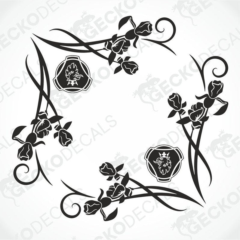 A black and white image of a die-cut decal with floral patterns and griffin motifs, intended for use as side window decals for a Scania truck.