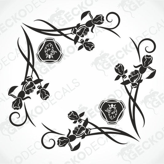 A black and white image of a die-cut decal with floral patterns and griffin motifs, intended for use as side window decals for a Scania truck.