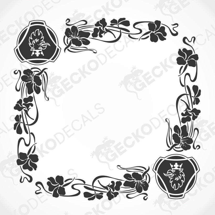 A set of two black decals featuring a stylized bird (griffin) and decorative leafy patterns, intended for use on vehicle side windows.