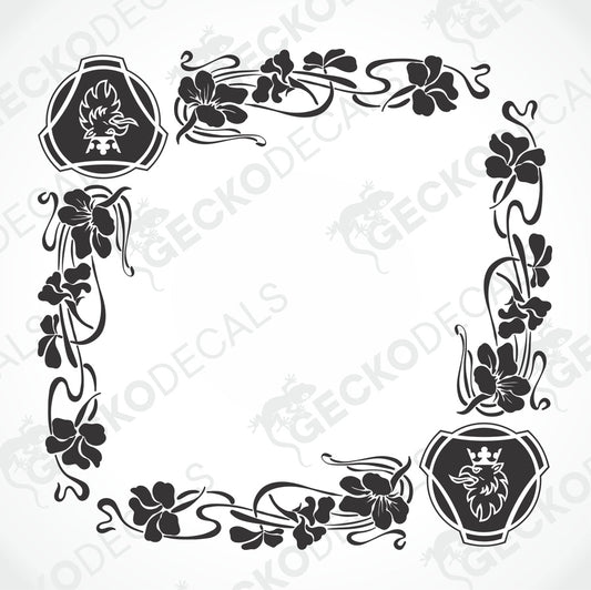 A set of two black decals featuring a stylized bird (griffin) and decorative leafy patterns, intended for use on vehicle side windows.