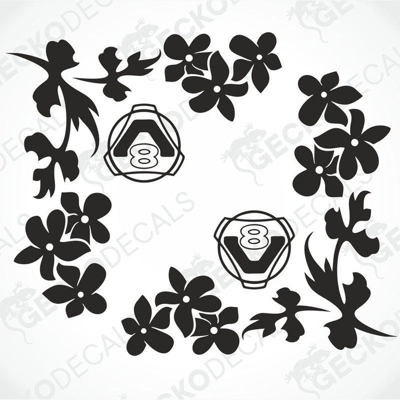 A set of two black floral themed side window decals for a Scania V8 truck, designed for use on either the right or left side.