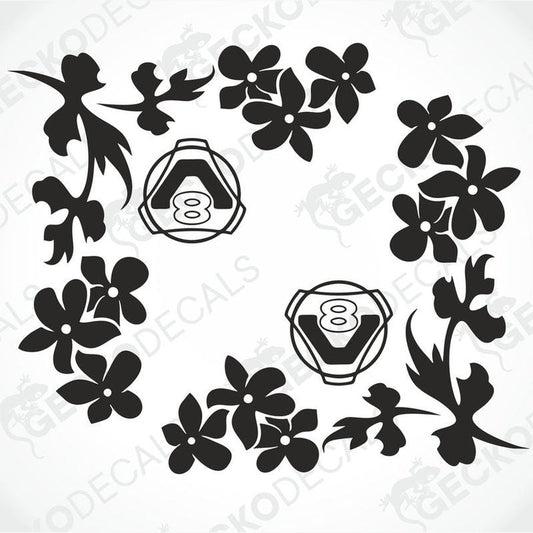 A set of two black floral themed side window decals for a Scania V8 truck, designed for use on either the right or left side.