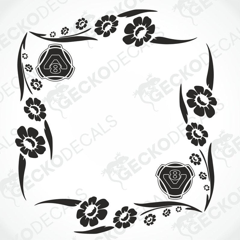 A black and white design for side window decals featuring floral elements and the SCANIA FLORAL V8 motif.