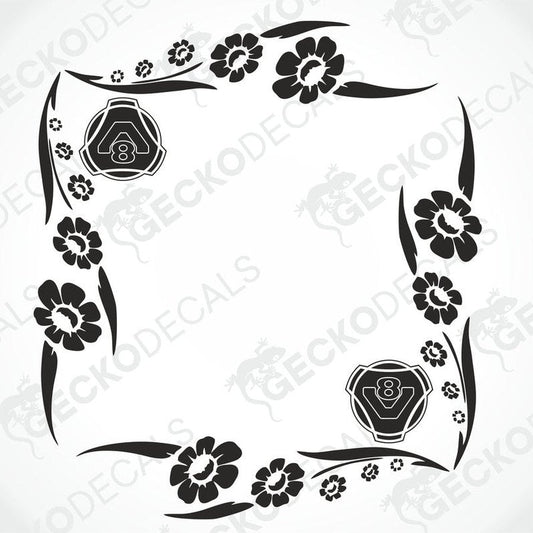 A black and white design for side window decals featuring floral elements and the SCANIA FLORAL V8 motif.