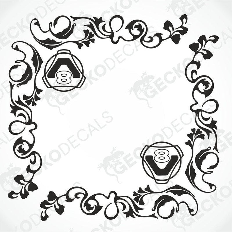 A black and white image of a die-cut decal with a floral pattern and the number '8' in the center, designed for use on side windows of trucks.