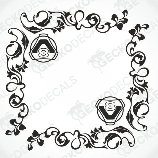 A black and white image of a die-cut decal with a floral pattern and the number '8' in the center, designed for use on side windows of trucks.