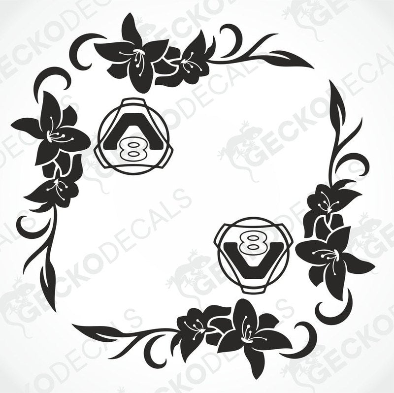 A pair of black floral design side window decals for a Scania V8 truck, depicted on a white background.