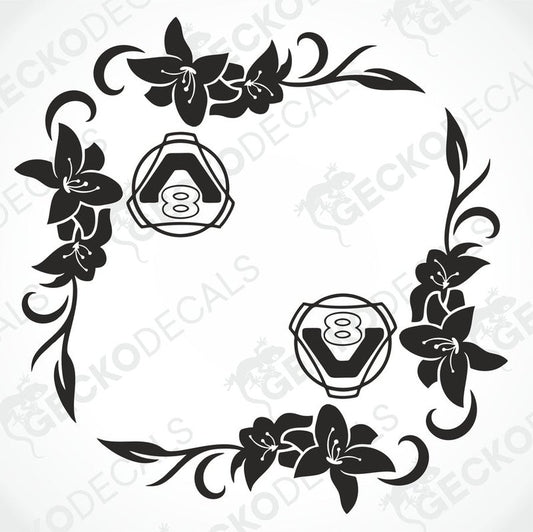 A pair of black floral design side window decals for a Scania V8 truck, depicted on a white background.