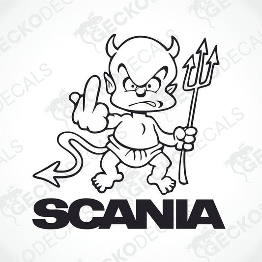 A decal design featuring an illustrated devilish character with a Trident, extending a middle finger, with the brand name 'SCANIA' displayed prominently below.