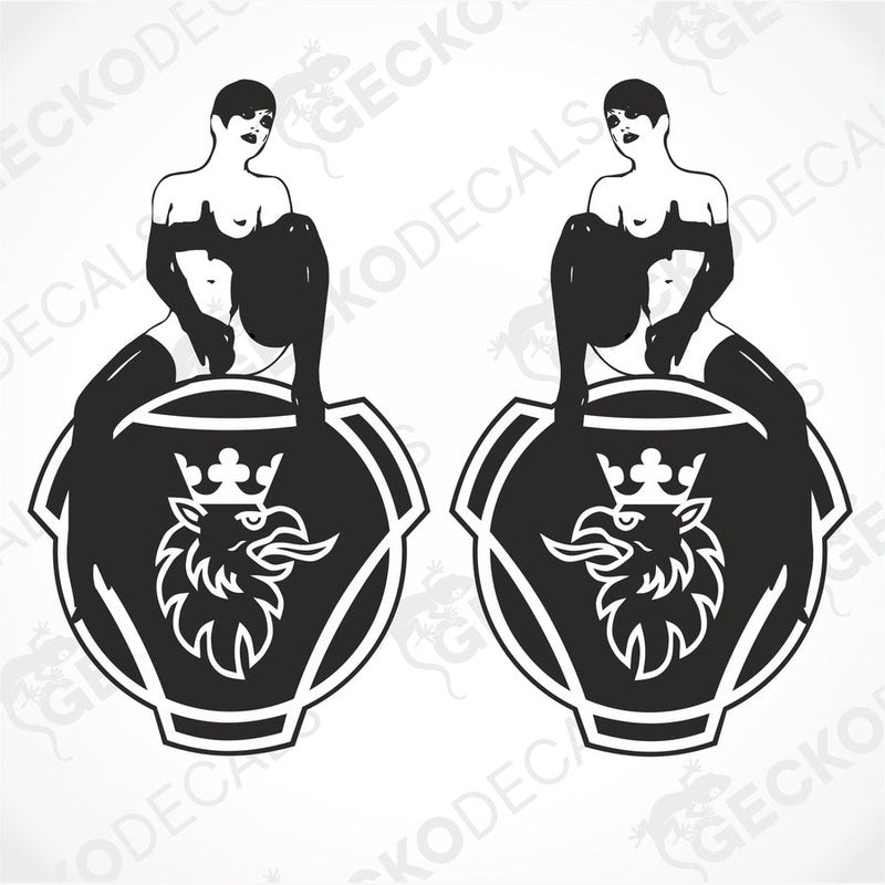 A pair of black and white die cut stickers depicting a stylized female figure sitting atop a vehicle wheel with a crown design.
